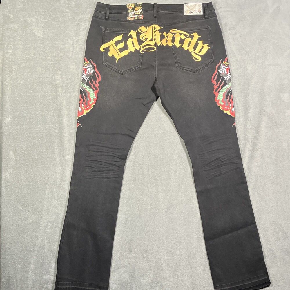 Ed Hardy Mens Bootcut Black Wash Denim Jeans Tiger Logo Pockets NWT 38x36